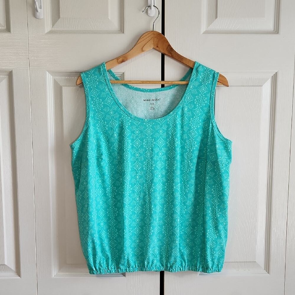Woman Within Turquoise Geometric Sleeveless Top Size LG Elastic Waistband Comfy